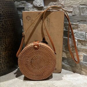 handwoven round rattan crossbody bag